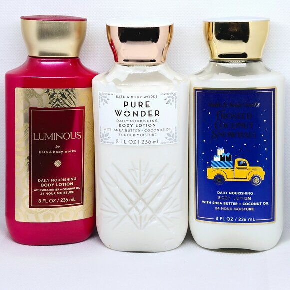 NWT BBW TRIO 8 OZ BODY LOTION PURE WONDER, LUMINOUS & FROSTED COCONUT SNOWBALL - Picture 1 of 5